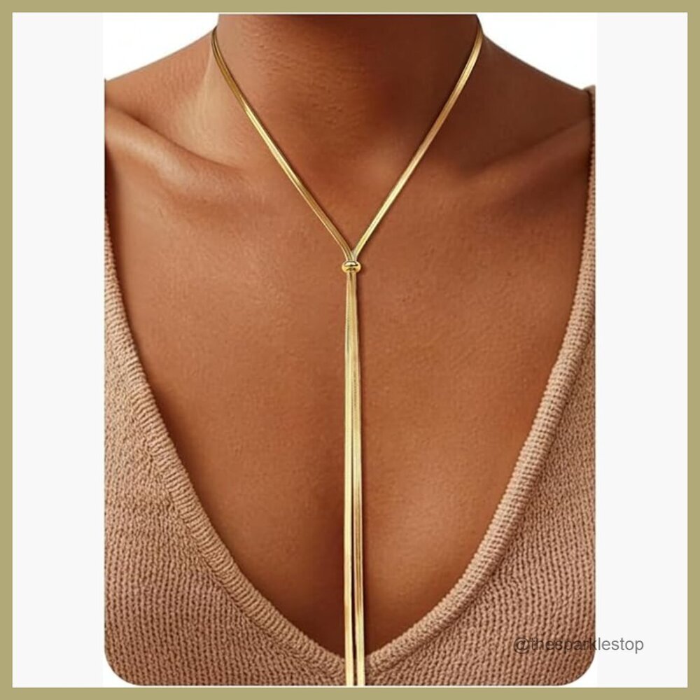 Gold Plated Herringbone Y Necklace, Adjustable Lariat, Waterproof